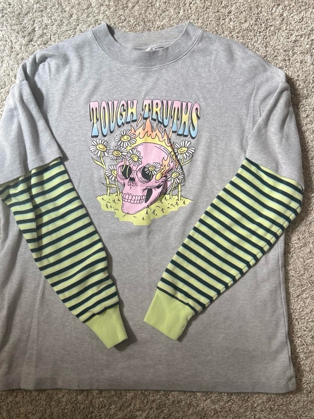 ‘Tough Truths' Graphic Layered-Look Long Sleeve Tee - Gray & Lime